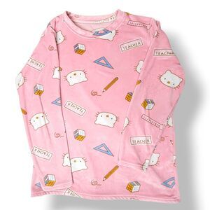 Sanrio Hello Kitty Pajama Top Pink Fleece Teacher Pattern Graphic Women's Size M